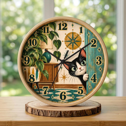 Peeking Tuxedo Cat Wall Clock | Midcentury Starburst Retro Home Decor