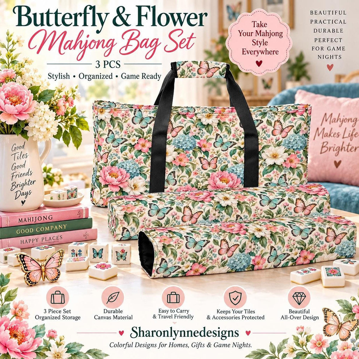 Butterfly Floral Mahjong Bag Set, 3-Piece Canvas Storage Organizer
