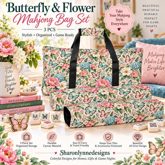 Butterfly Floral Mahjong Bag Set, 3-Piece Canvas Storage Organizer
