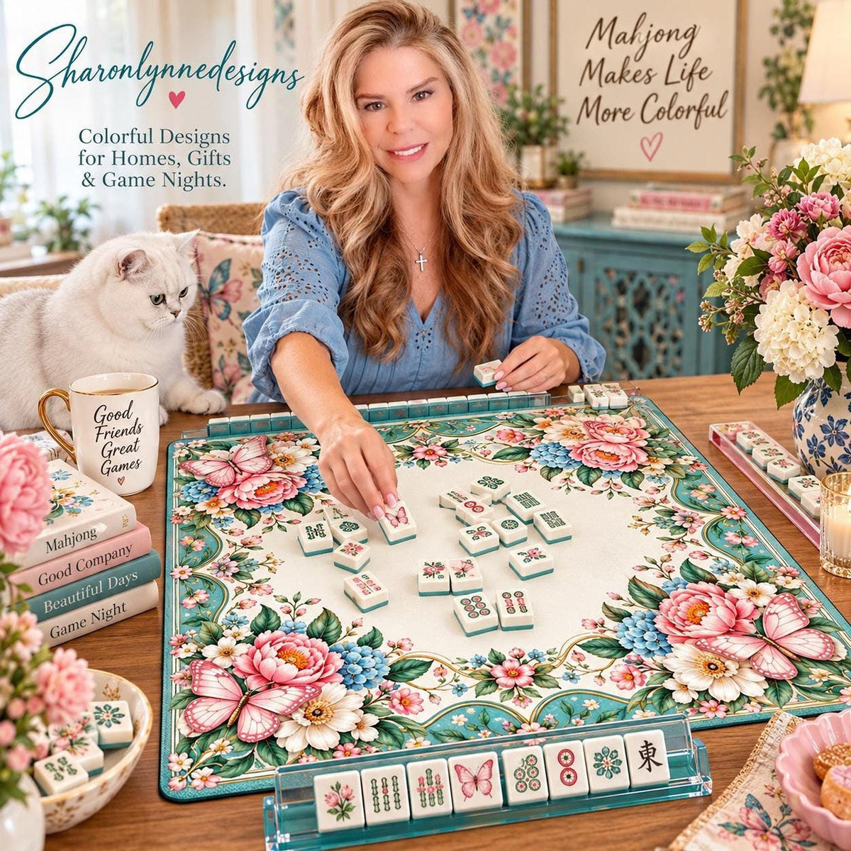 Floral Mahjong Mat, Polyester Roll-Up Play Mat with Rubber Backing