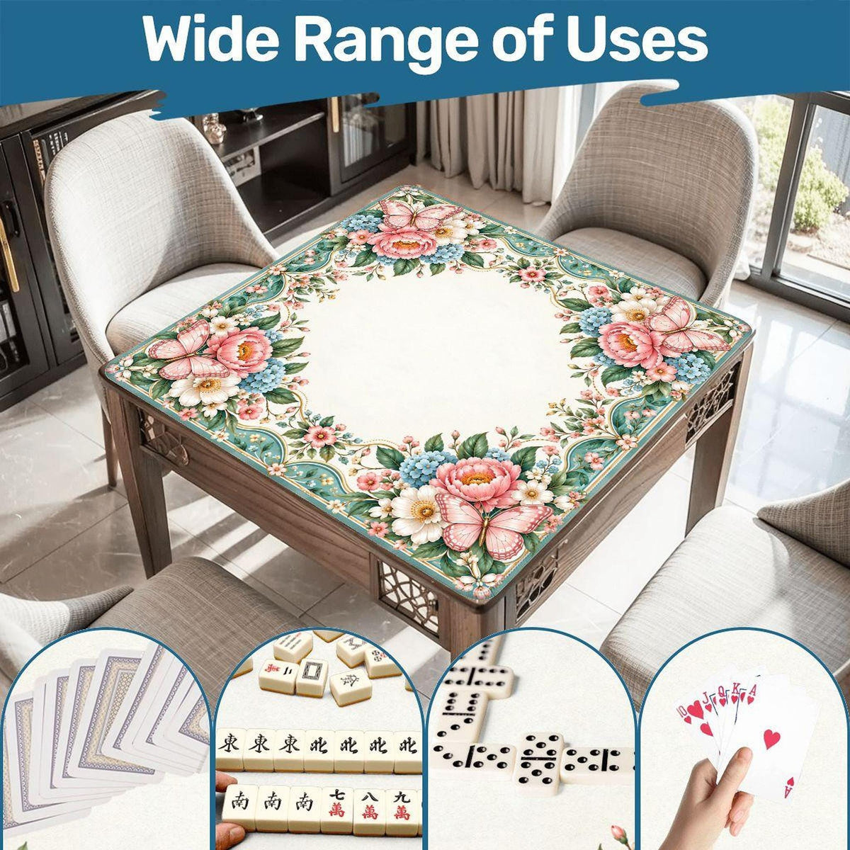 Floral Mahjong Mat, Polyester Roll-Up Play Mat with Rubber Backing