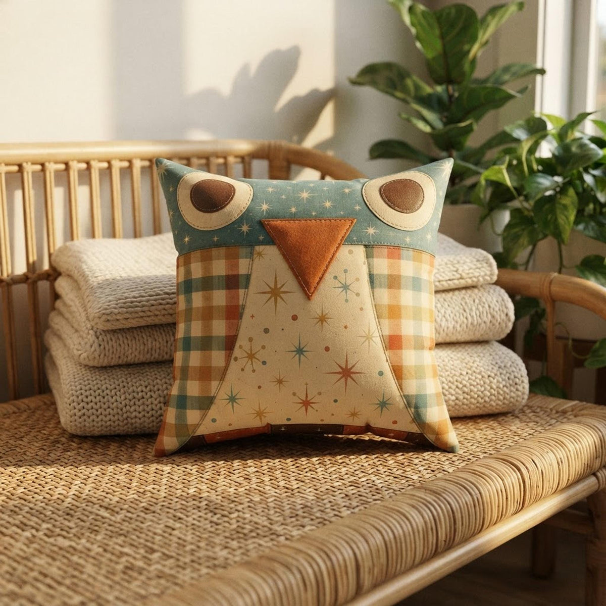 Owl Pillow Case, Faux Suede Square Cover with Vintage Plaid Design