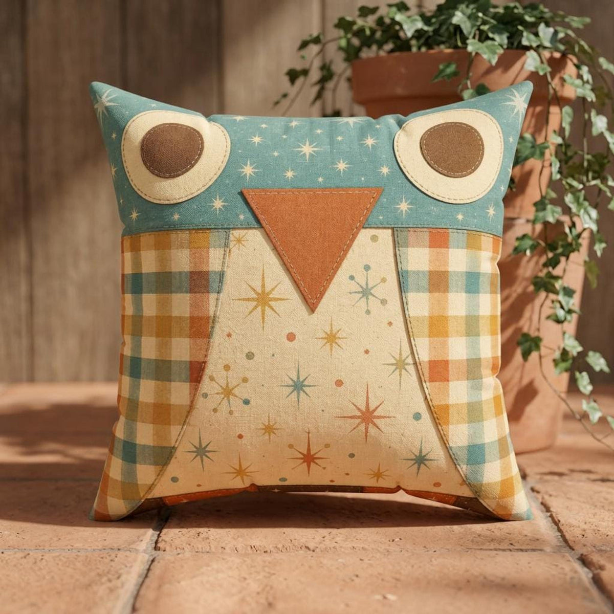 Owl Pillow Case, Faux Suede Square Cover with Vintage Plaid Design
