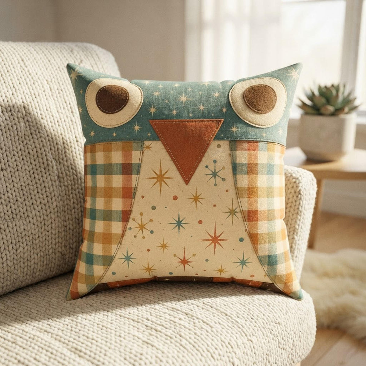 Owl Pillow Case, Faux Suede Square Cover with Vintage Plaid Design