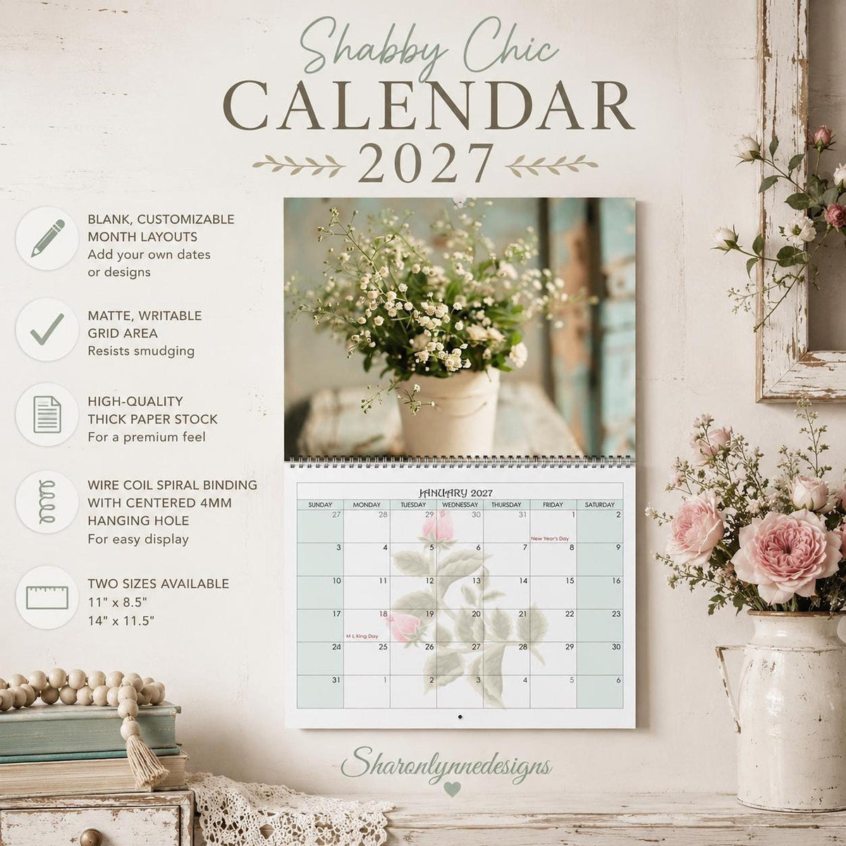 2027 Floral Bird Wall Calendar, Wire Binding, Matte Writable Monthly Grid