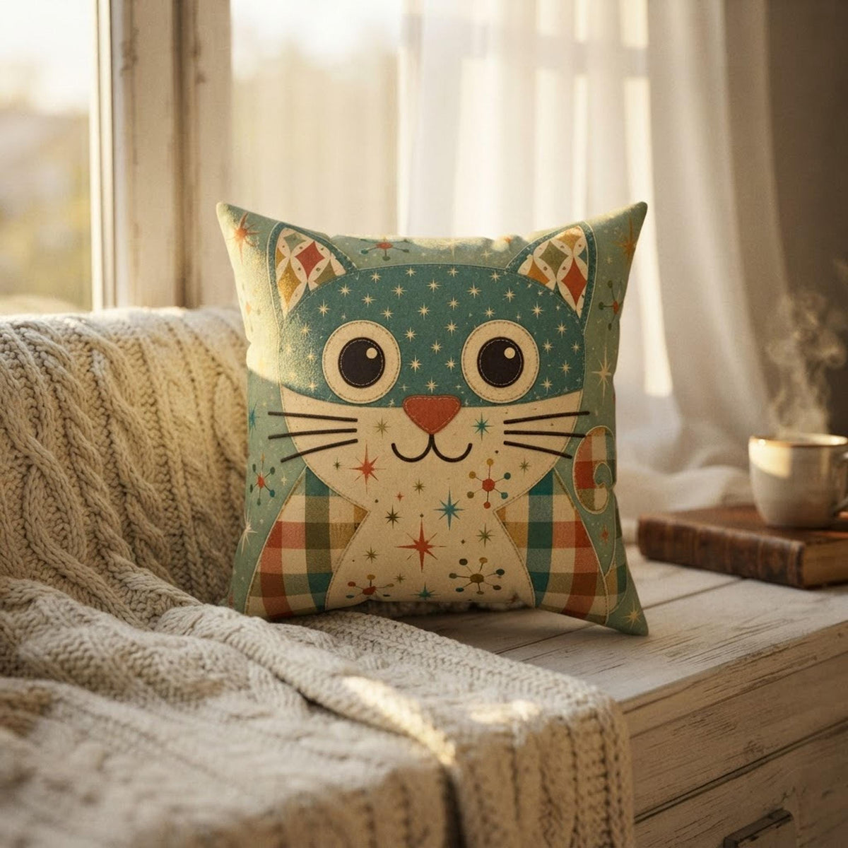 Retro Cat Pillow, 100% Faux Suede Square with Recycled Polyester Insert
