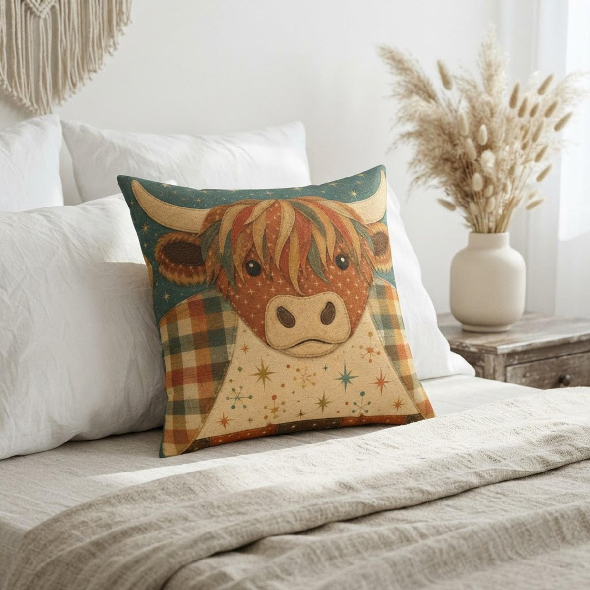 Cow Pillow, 100% Faux Suede Cover with Double-Sided Highland Artwork