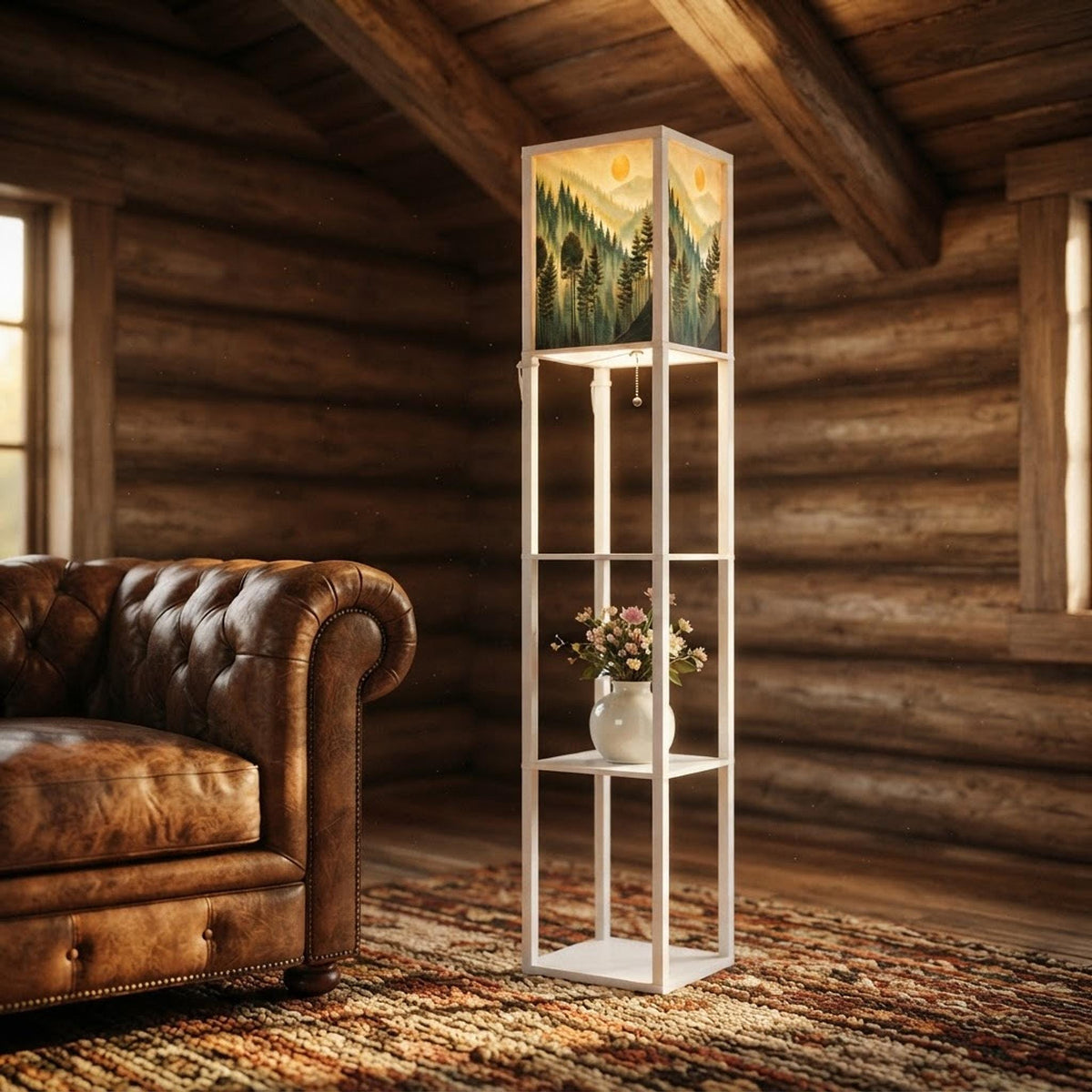 Shelf Floor Lamp, White Wooden LED Light with Three Display Shelves