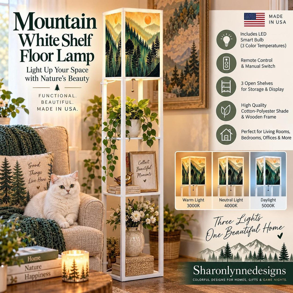 Shelf Floor Lamp, White Wooden LED Light with Three Display Shelves