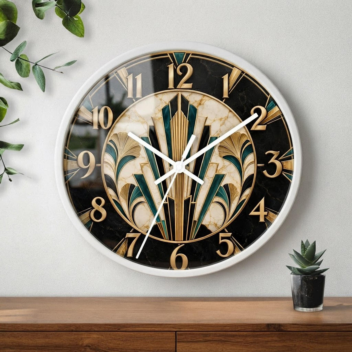 Art Deco Clock, 10-Inch Geometric Wall with Wood Frame