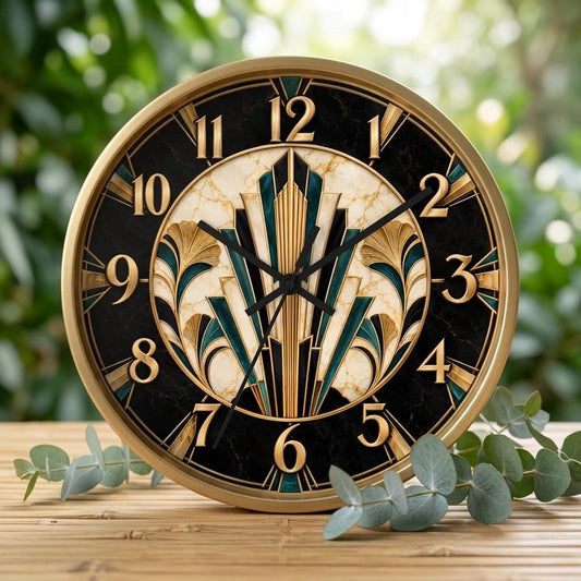 Art Deco Clock, 10-Inch Geometric Wall with Wood Frame