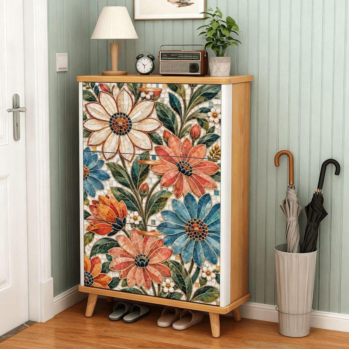 Floral Mosaic Shoe Cabinet, Slim Entryway Storage with Adjustable Shelves