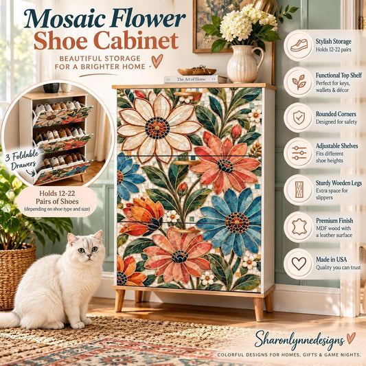 Floral Mosaic Shoe Cabinet, Slim Entryway Storage with Adjustable Shelves