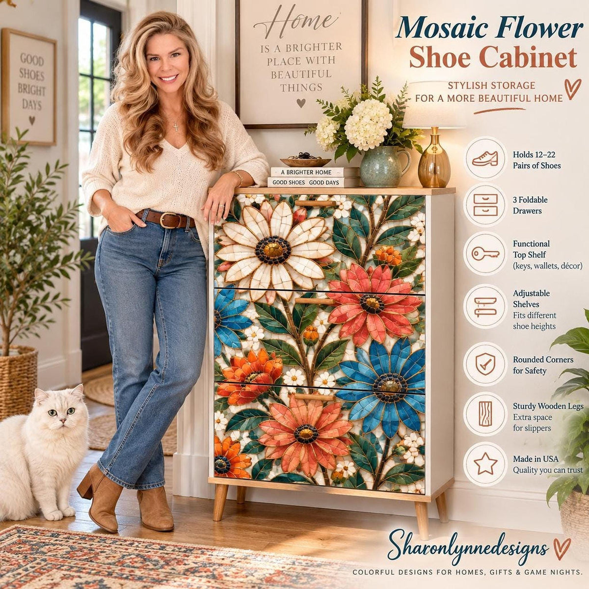 Floral Mosaic Shoe Cabinet, Slim Entryway Storage with Adjustable Shelves