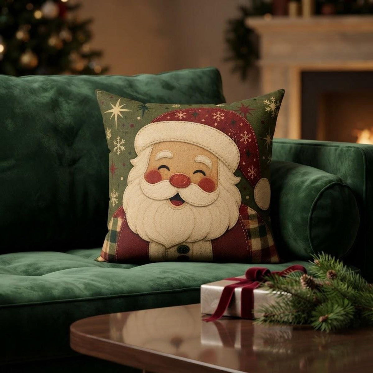 Vintage Santa Pillow, Double-Sided Faux Suede Cover, Four Sizes