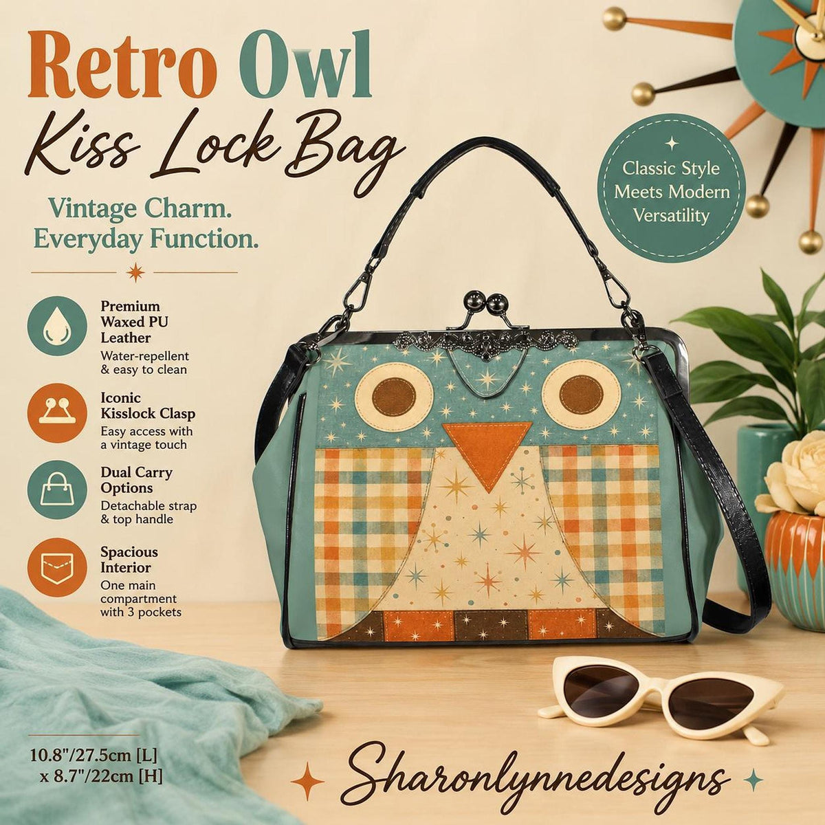 Retro Owl Purse, Waxed PU Leather Kisslock Crossbody with Removable Shoulder Strap