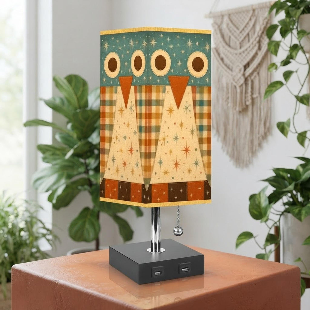 Retro Owl Table Lamp, Linen Shade with Gold Trim and Two USB Ports