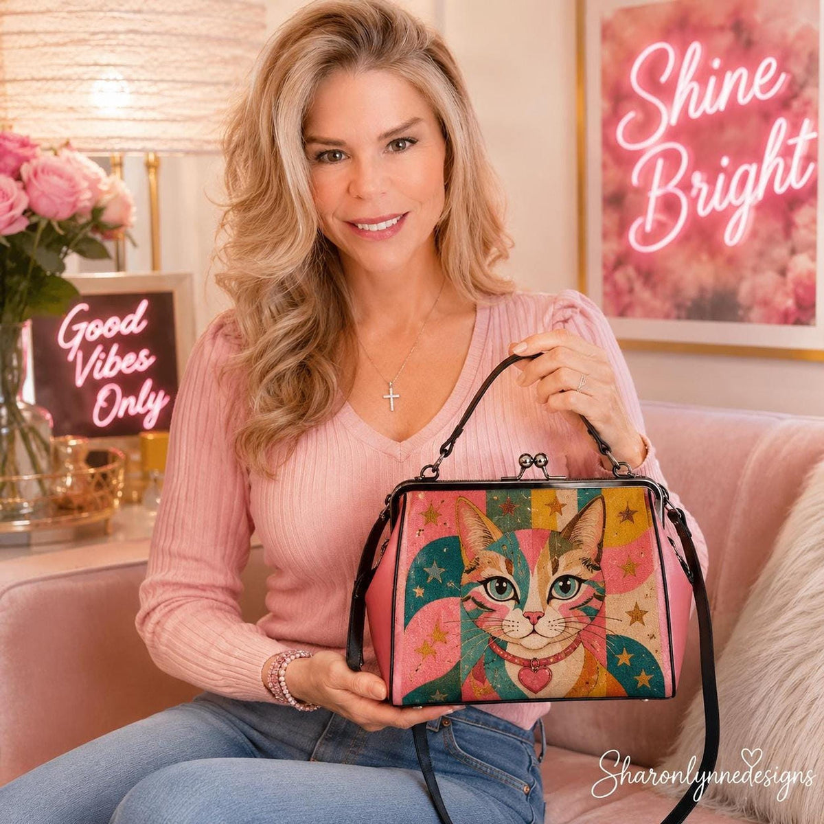 Retro Handbag, Colorful Cat Artwork, PU Leather Kiss-Lock Closure