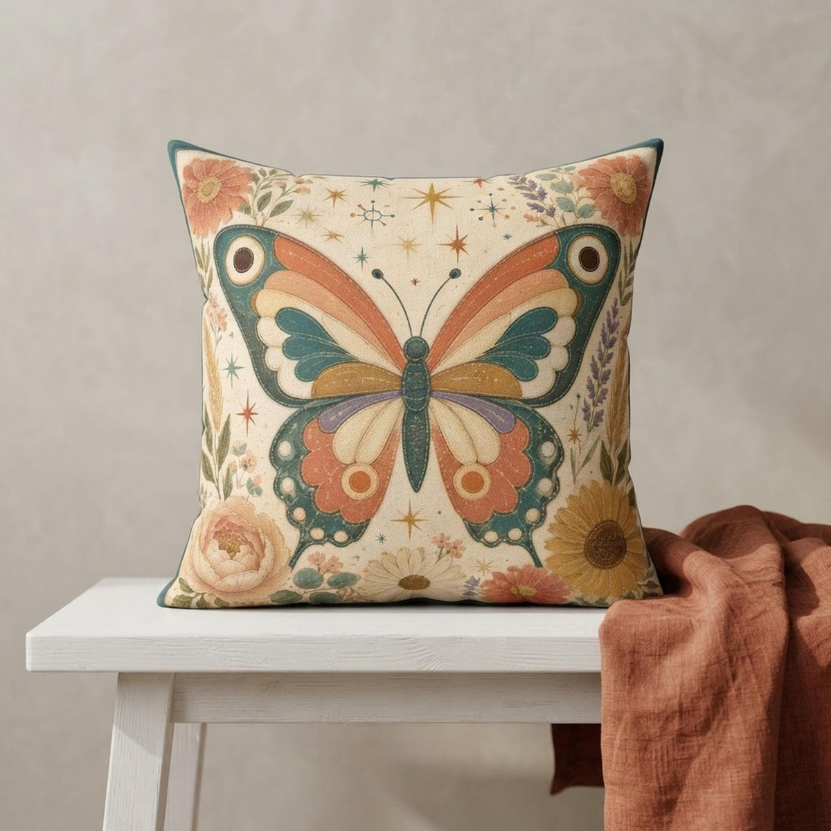 Retro Butterfly Pillow, Faux Suede Square Cover with Double-Sided Floral Print