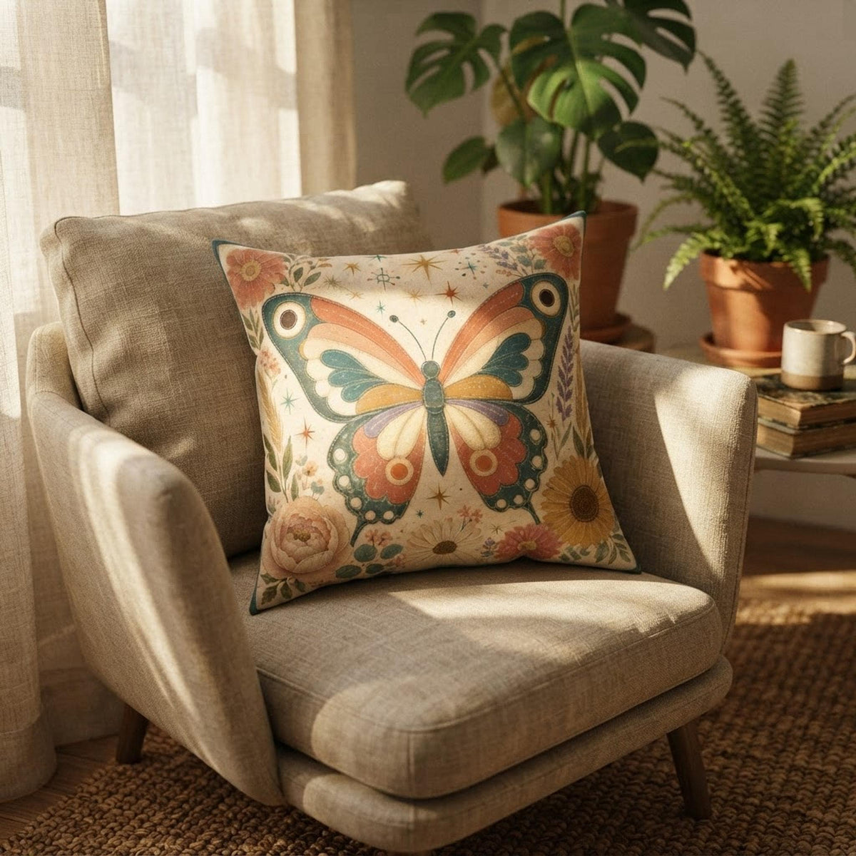 Retro Butterfly Pillow, Faux Suede Square Cover with Double-Sided Floral Print