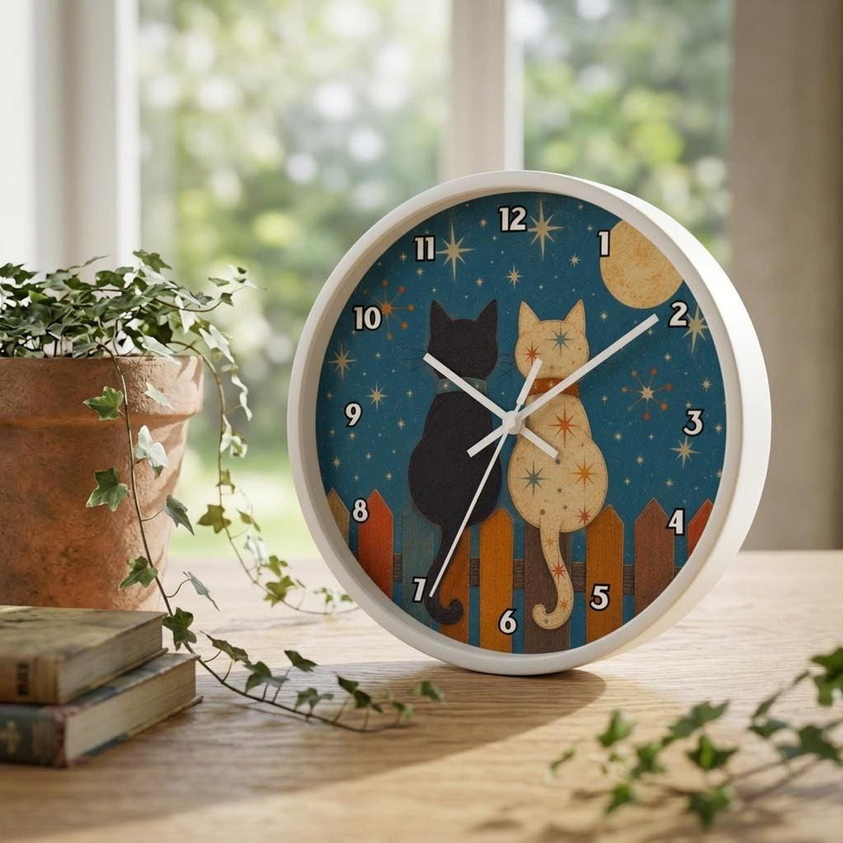 Vintage Clock, Cat Wall Design with Plexiglass Face and Silent Movement