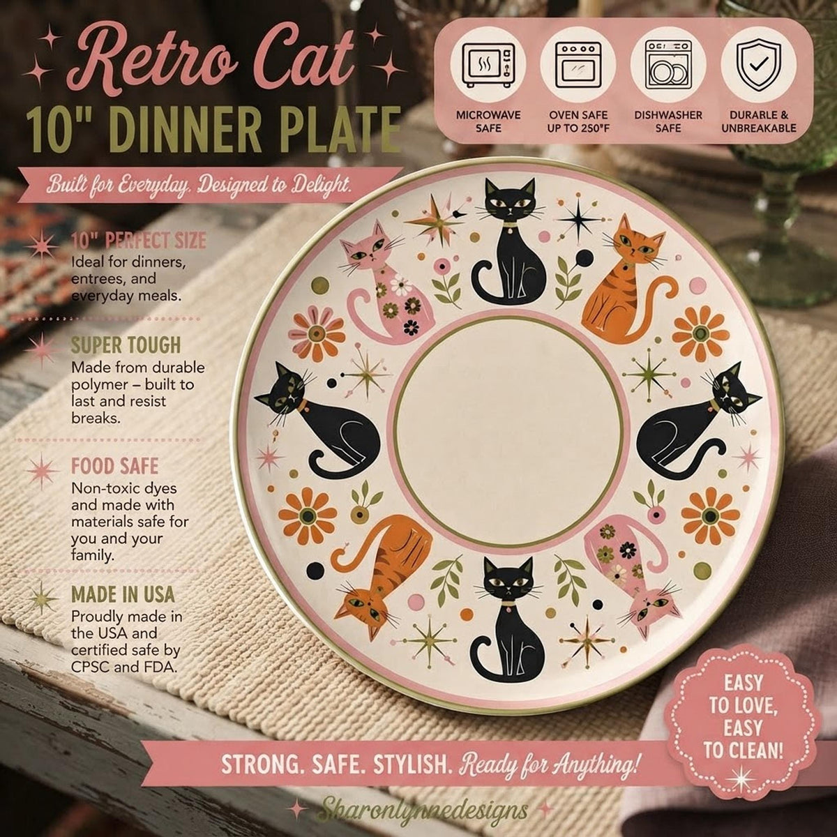 Retro Cat Dinner Plate, 10-Inch Polymer, Microwave And Oven Safe