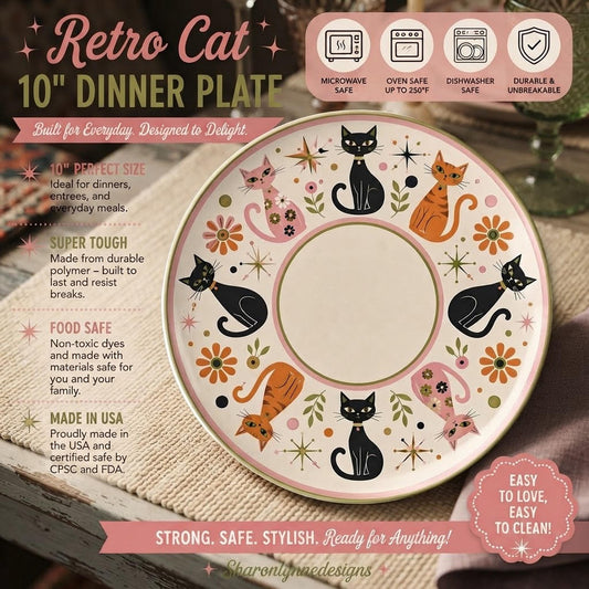Retro Cat Dinner Plate, 10-Inch Polymer, Microwave And Oven Safe