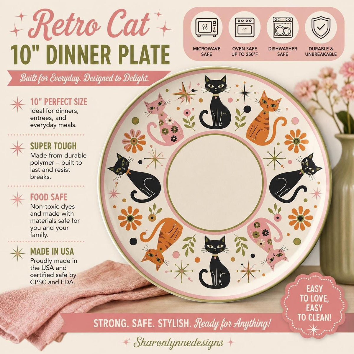Retro Cat Dinner Plate, 10-Inch Polymer, Microwave And Oven Safe