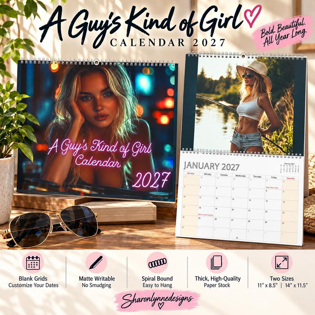 2027 Pinup Photography Wall Calendar, Monthly with Blank Grids