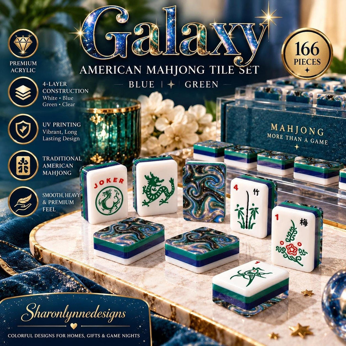 Galaxy American Mahjong Tile Set, 166 Acrylic in Blue and Green