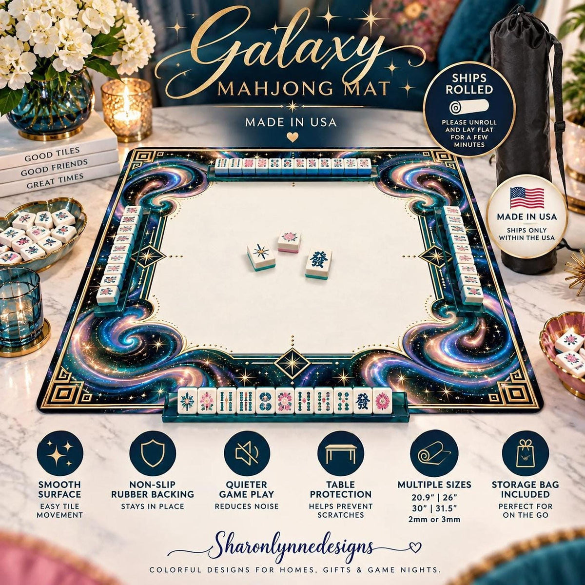 Galaxy American Mahjong Mat, Polyester Surface With Rubber Backing
