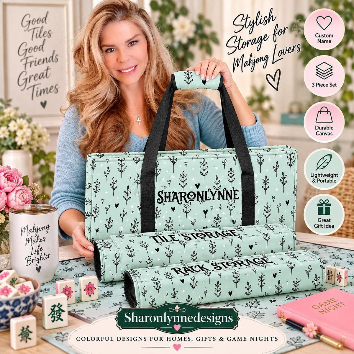 Personalized Mahjong Bag Set, 3-Piece Canvas Storage Organizer