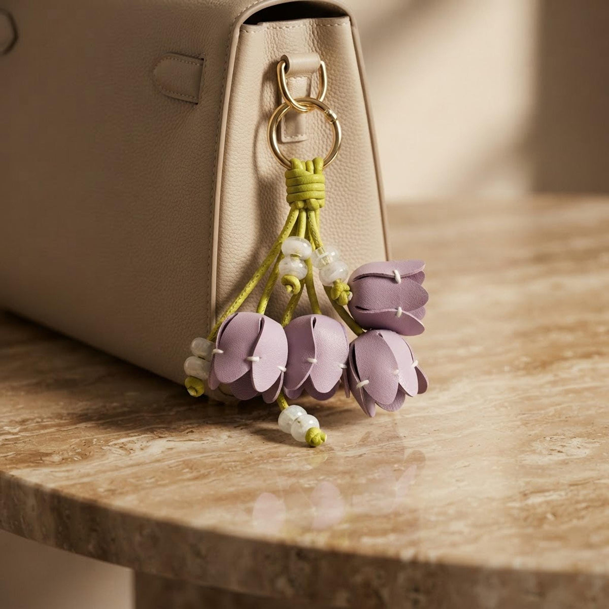Purple Flower Purse Charm, PU Leather Handbag Accessory with Bead Accents