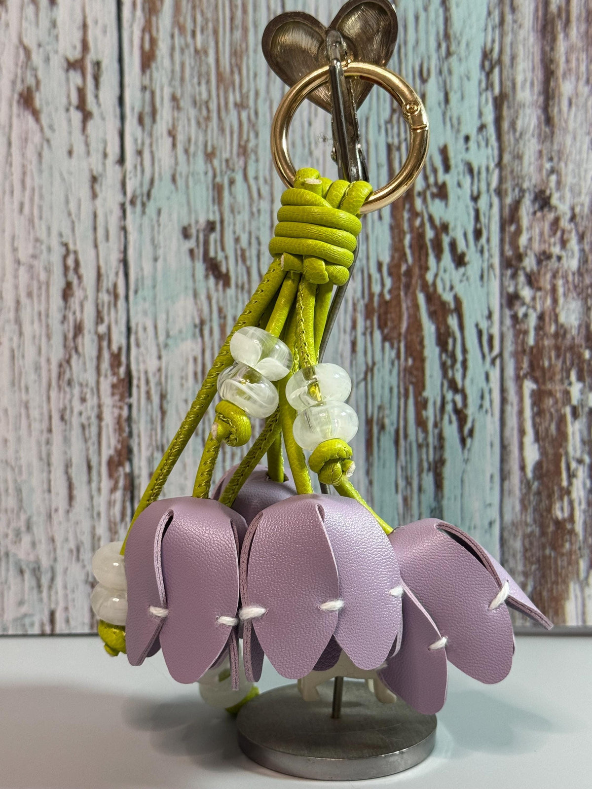 Purple Flower Purse Charm, PU Leather Handbag Accessory with Bead Accents