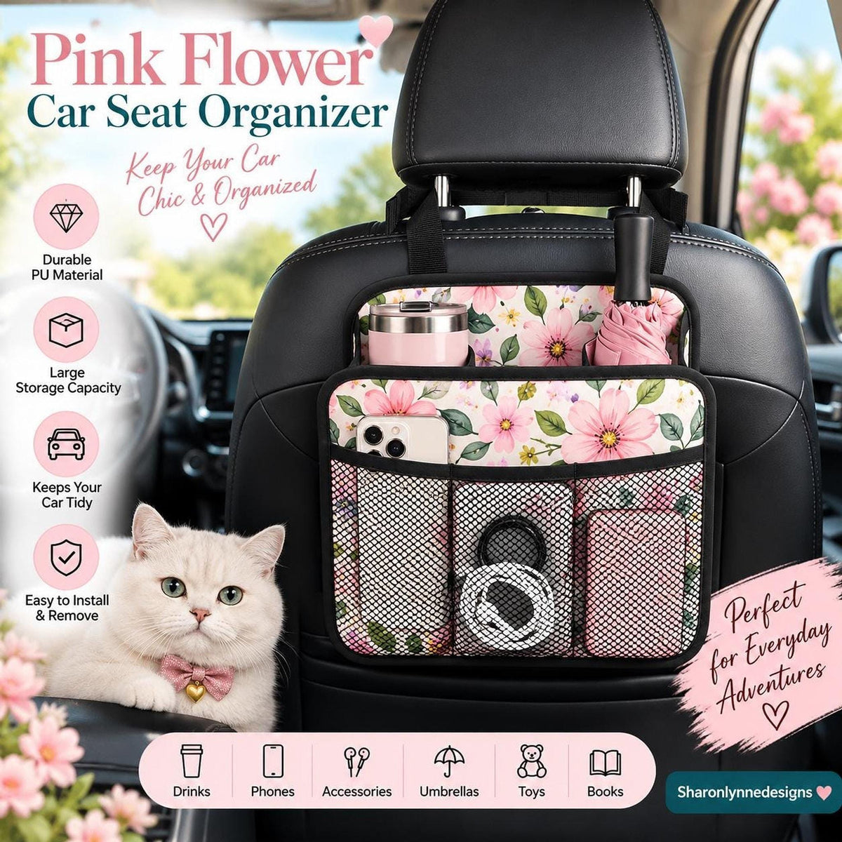 Pink Flower Car Seat Organizer, Floral Backseat Storage Bag, Car Accessories for Women