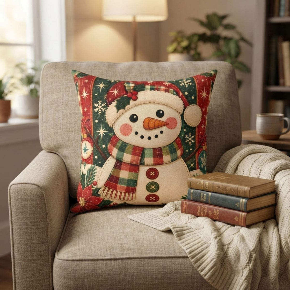 Christmas Snowman Pillow, Double-Sided Faux Suede Cover with Recycled Polyester Insert