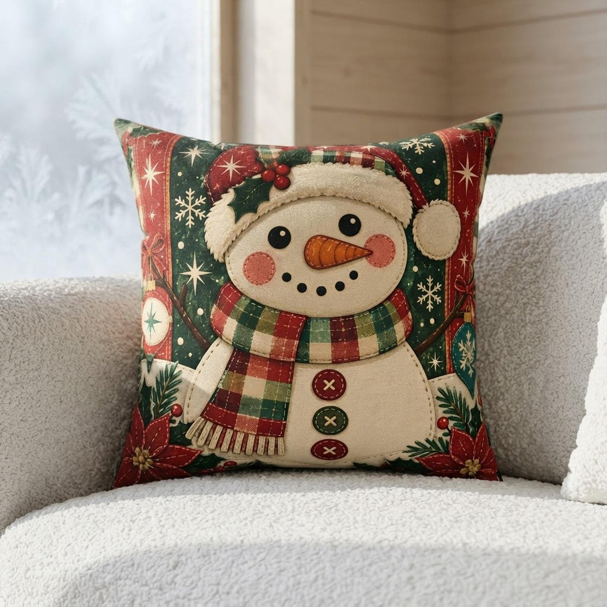 Christmas Snowman Pillow, Double-Sided Faux Suede Cover with Recycled Polyester Insert