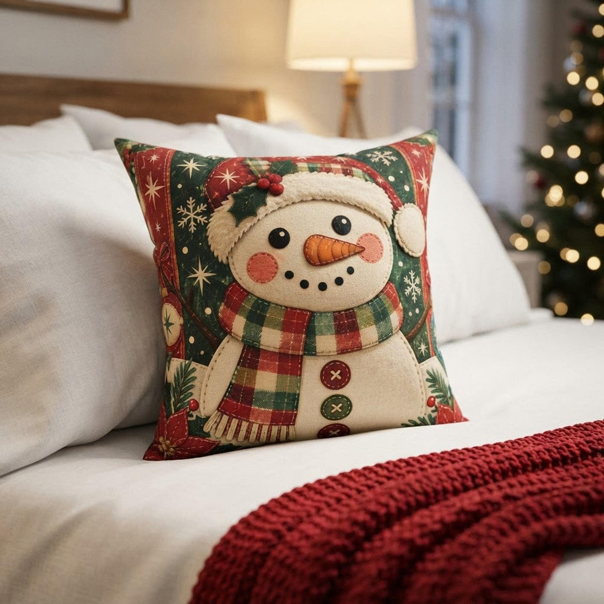 Christmas Snowman Pillow, Double-Sided Faux Suede Cover with Recycled Polyester Insert