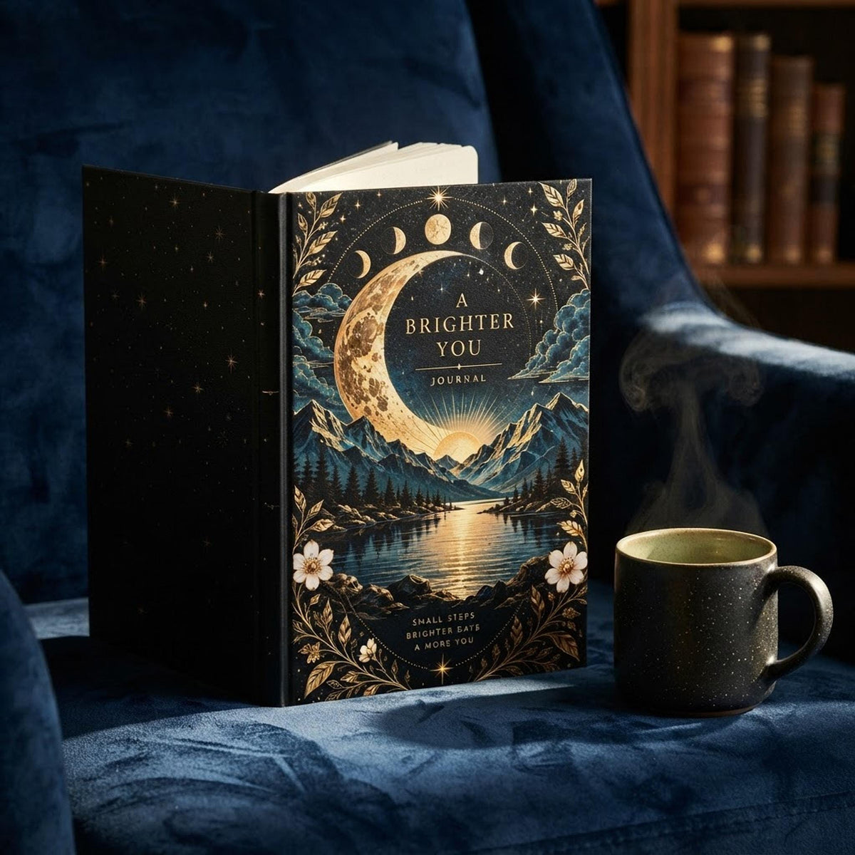 Hardcover Journal, Moonlit Mountain Scene with 150 Lined Pages, Matte Laminated Cover