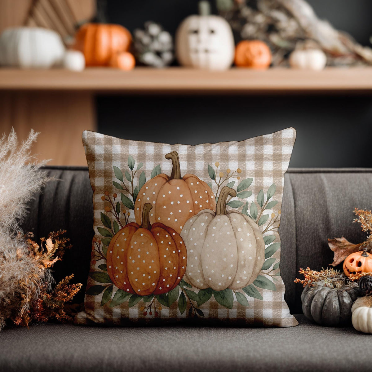 Fall Pillow Cover, Double-Sided Pumpkin Print in Faux Suede, Four Sizes