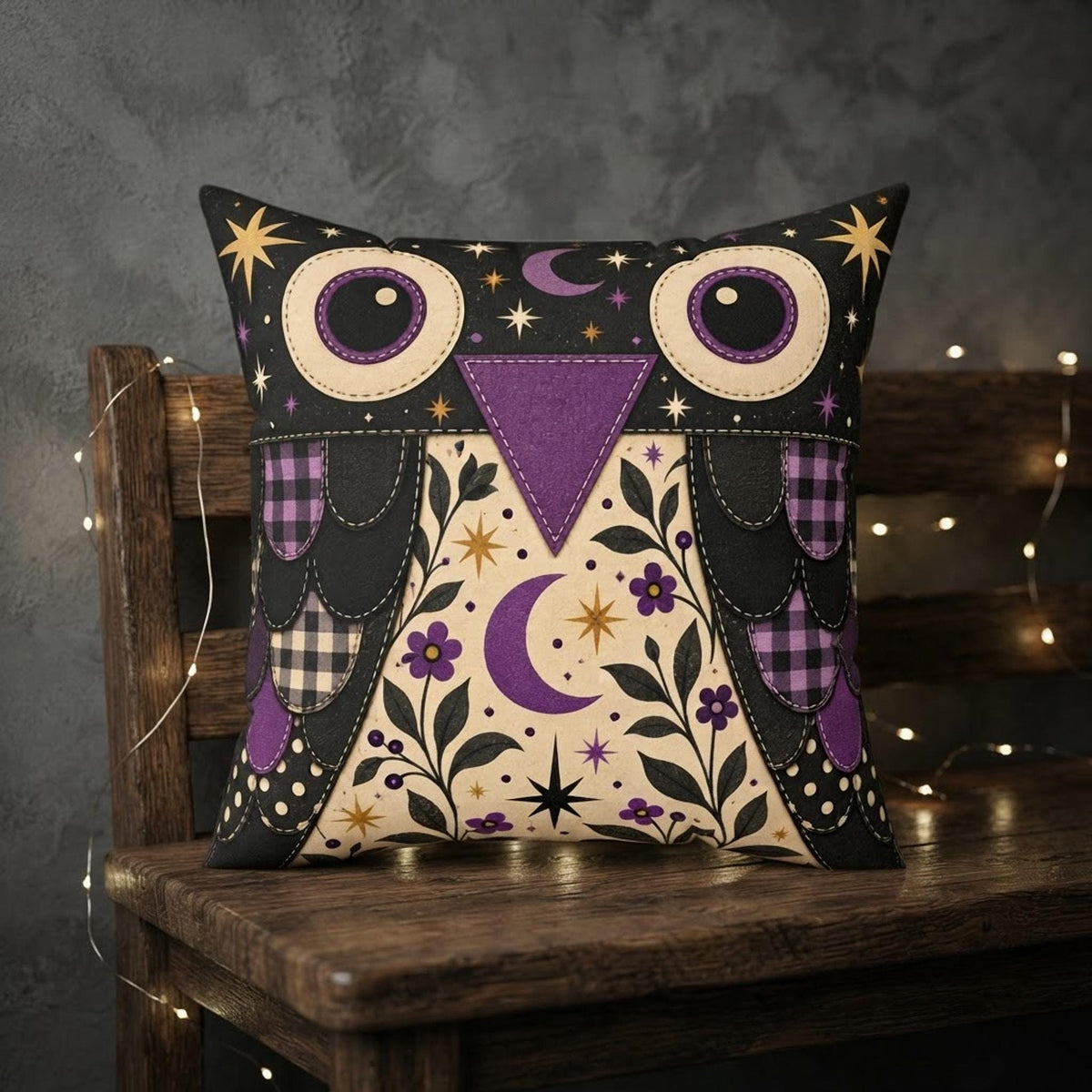 Purple Owl Pillow, Square Faux Suede Cover with Double-Sided Print