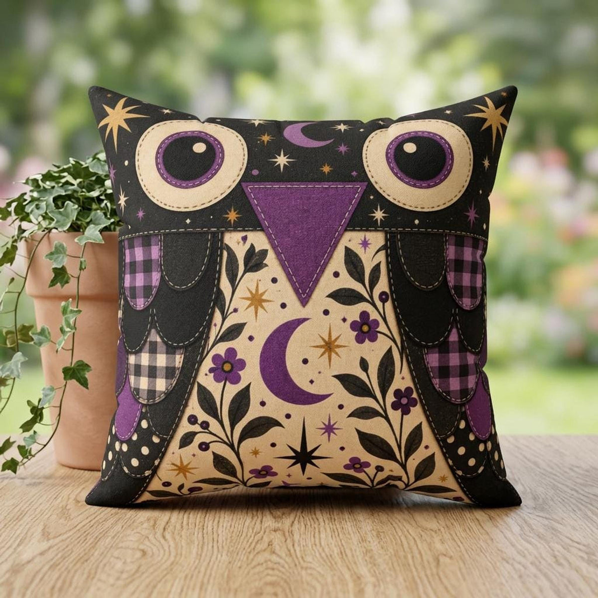 Purple Owl Pillow, Square Faux Suede Cover with Double-Sided Print