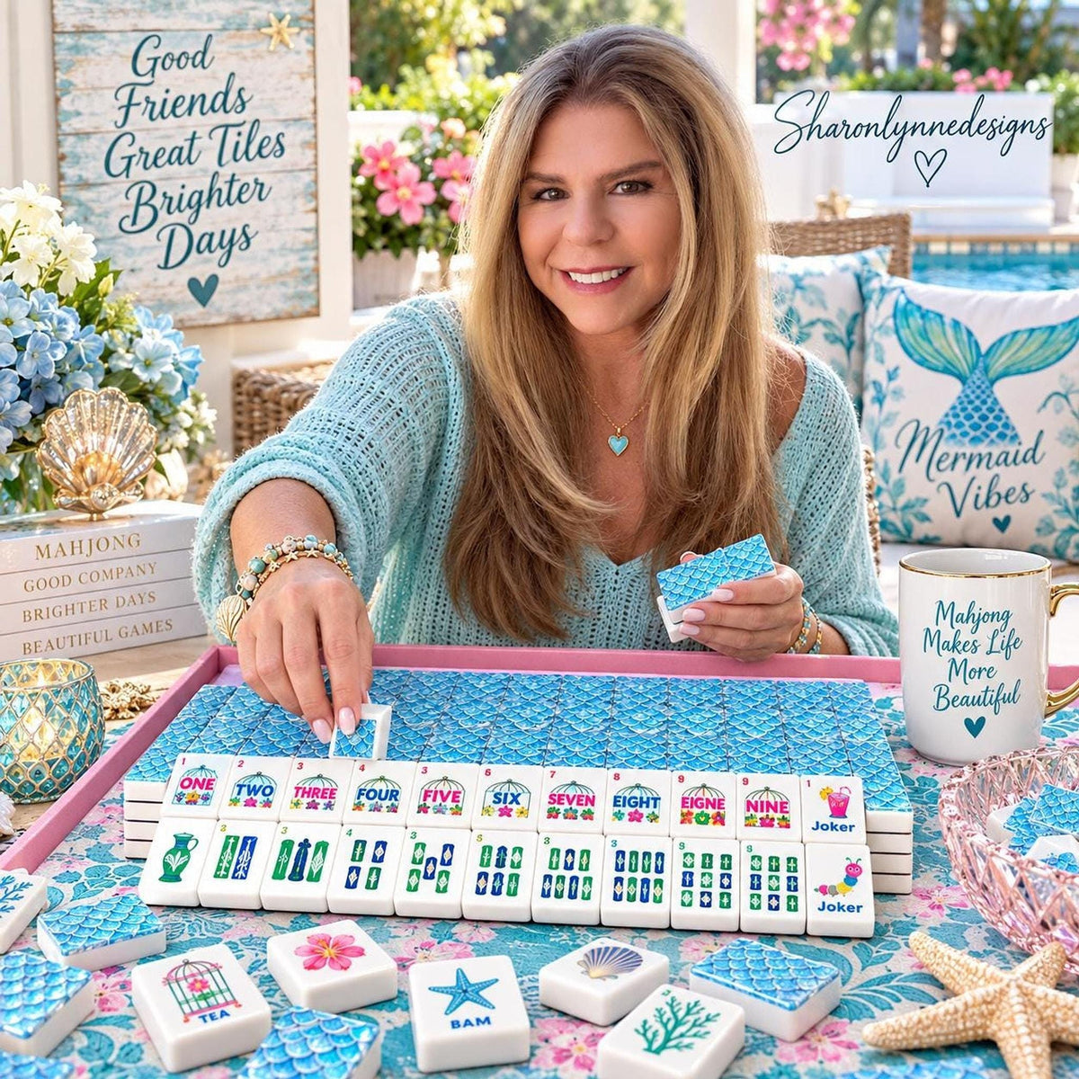 American Mahjong Set, 160-Piece Acrylic with Blue Mermaid-Scale Inspired Backs