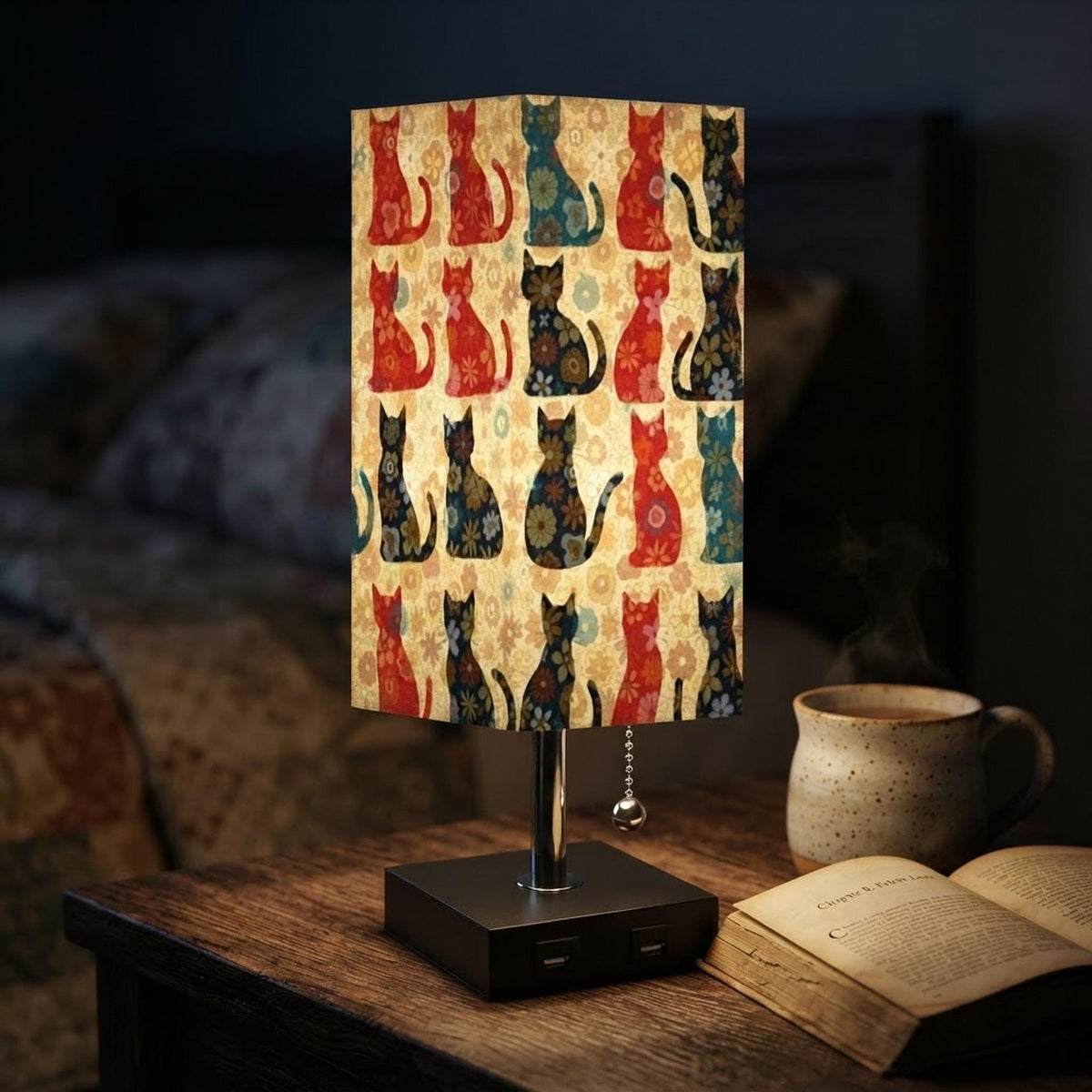 Decorative Lighting, Retro Cat Table Lamp with Linen Shade and 16-Color LED