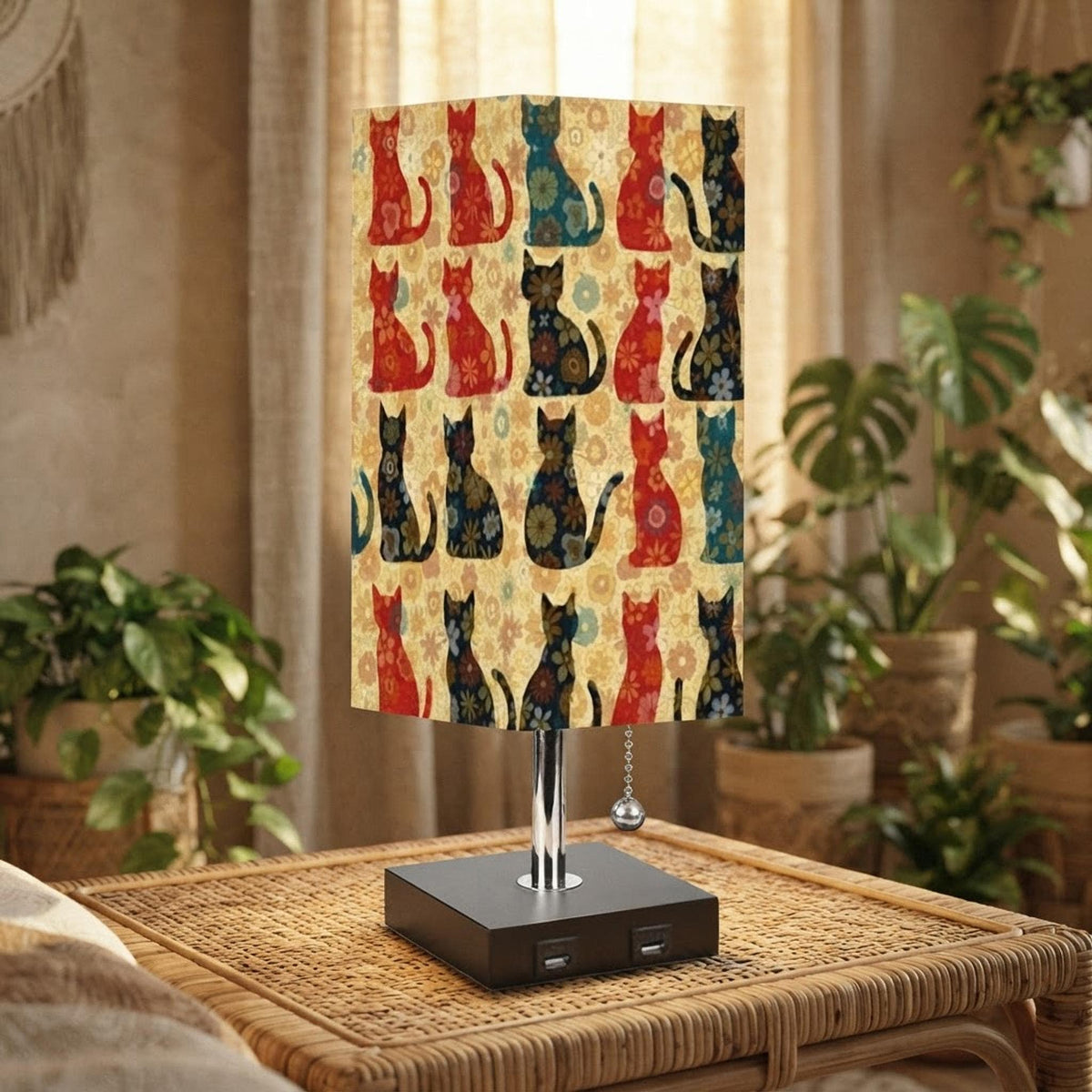 Decorative Lighting, Retro Cat Table Lamp with Linen Shade and 16-Color LED