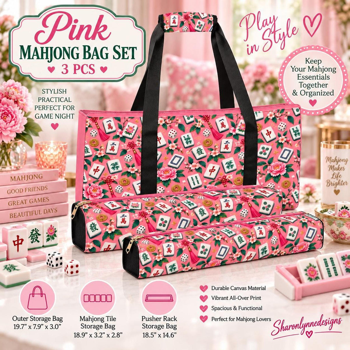 Pink Mahjong Bag Set, Durable Canvas Storage with Three Coordinated Pieces