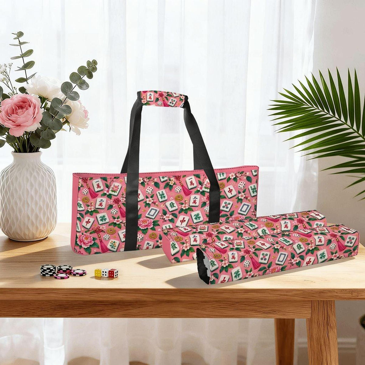 Pink Mahjong Bag Set, Durable Canvas Storage with Three Coordinated Pieces