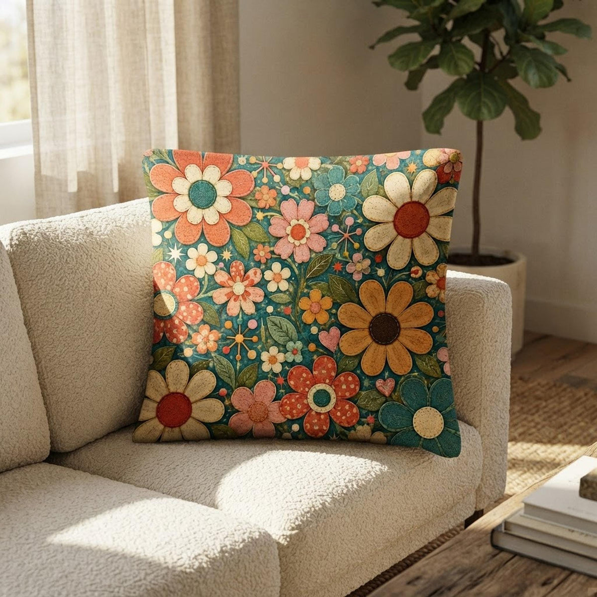 Retro Flower Pillow, 18x18 100% Polyester Faux Linen with Insert