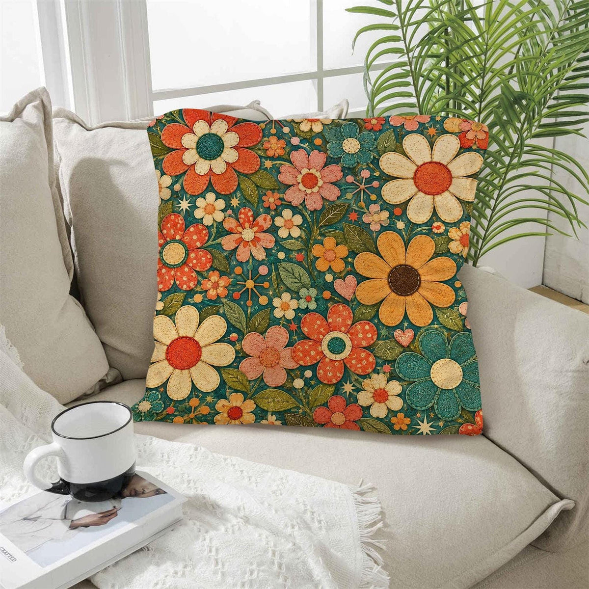 Retro Flower Pillow, 18x18 100% Polyester Faux Linen with Insert