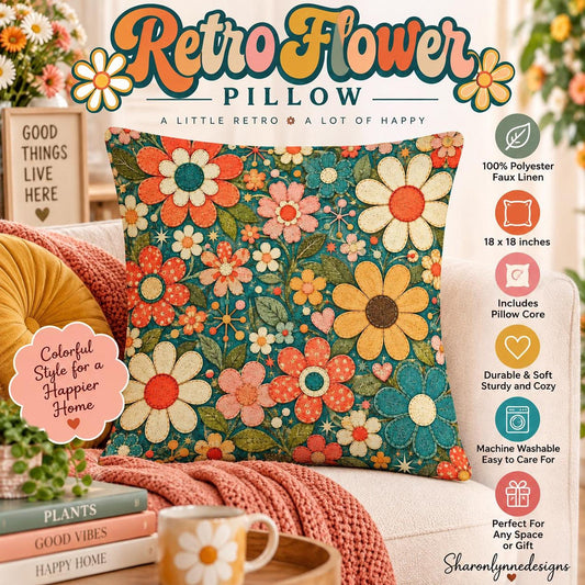 Retro Flower Pillow, 18x18 100% Polyester Faux Linen with Insert